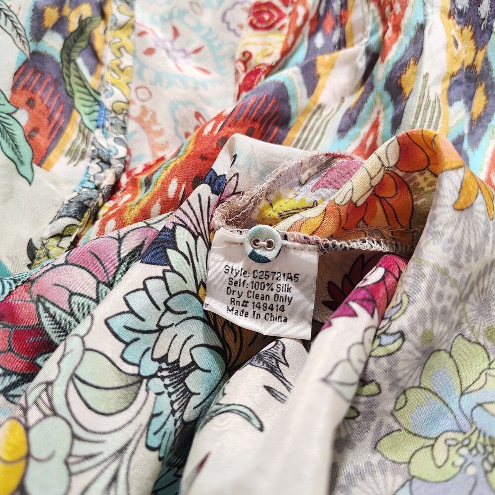 Johnny Was Womens Boho Silk Blouse Size S Floral Patchwork Peasant Art To Wear - Picture 7 of 10